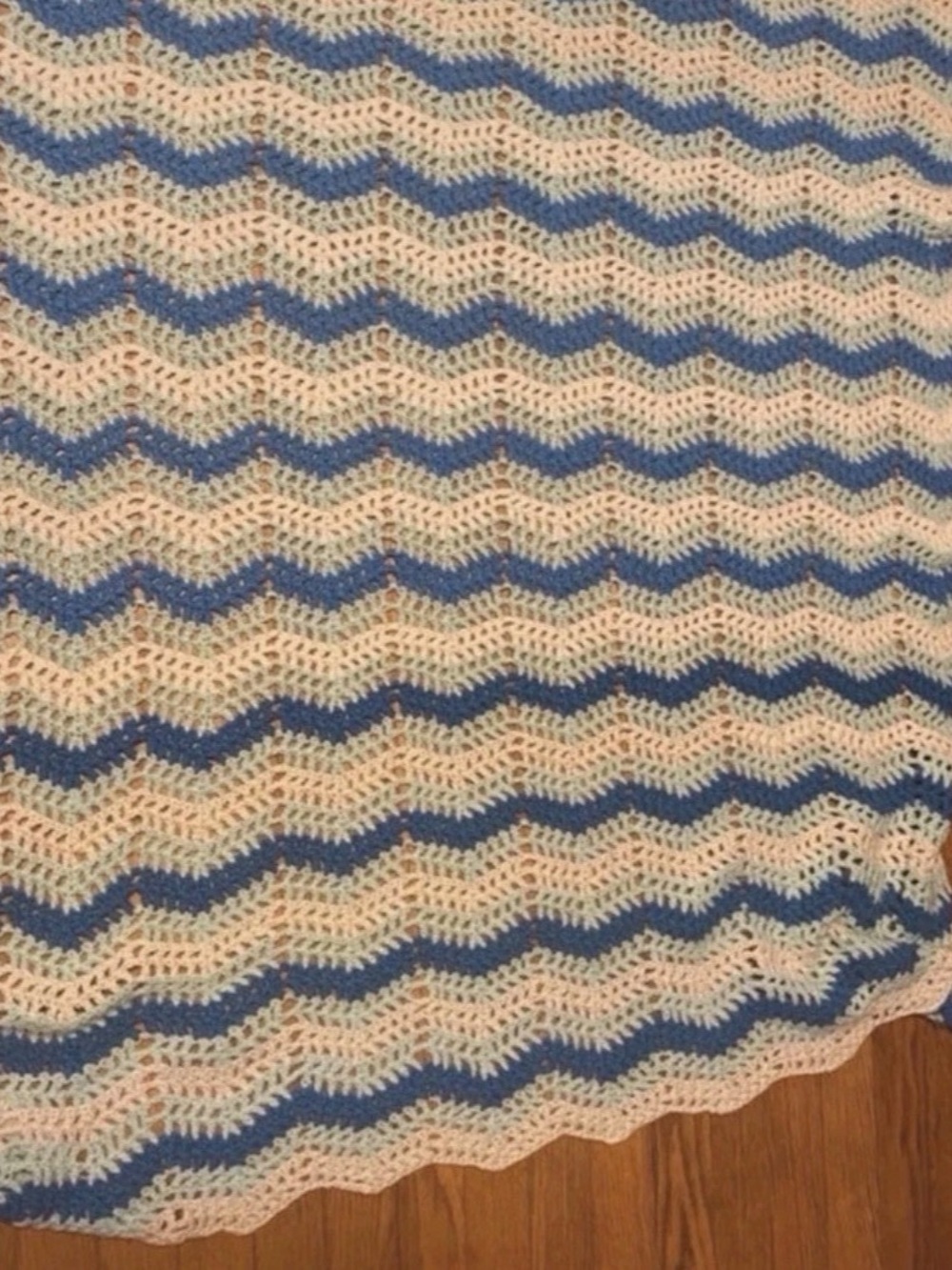 Crocheted Wavy Stripe Blanket in Blue & Cream